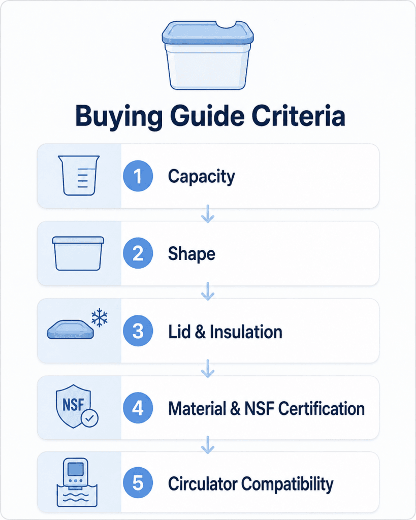 Buying guide criteria for choosing the best sous vide container capacity, shape, lid, material, compatibility
