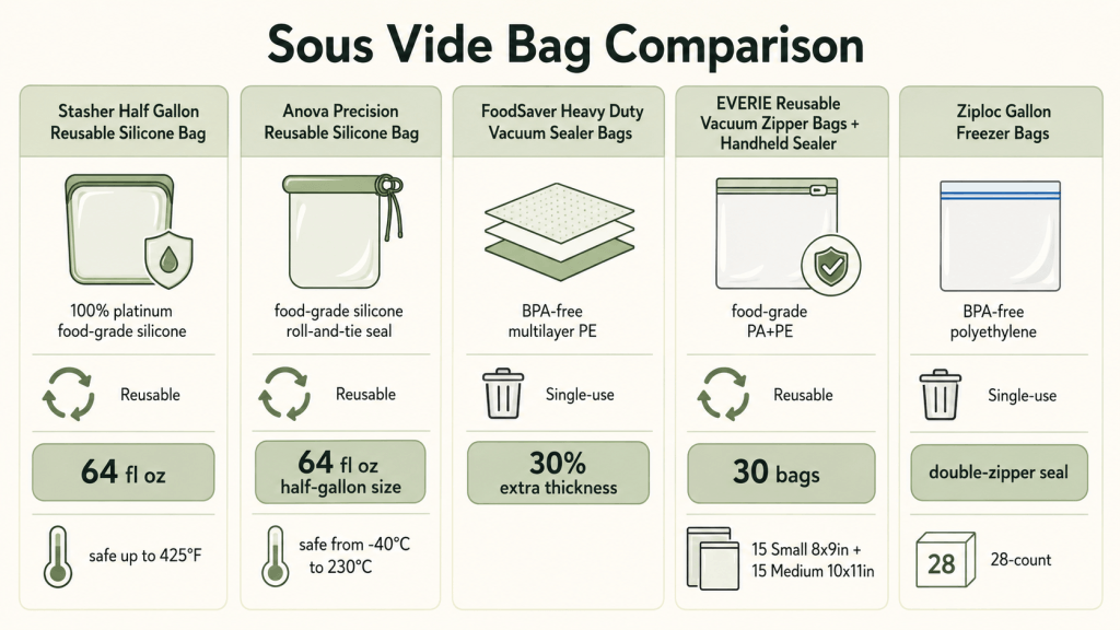 Infographic comparing the best sous vide bags by material, type, and best use case