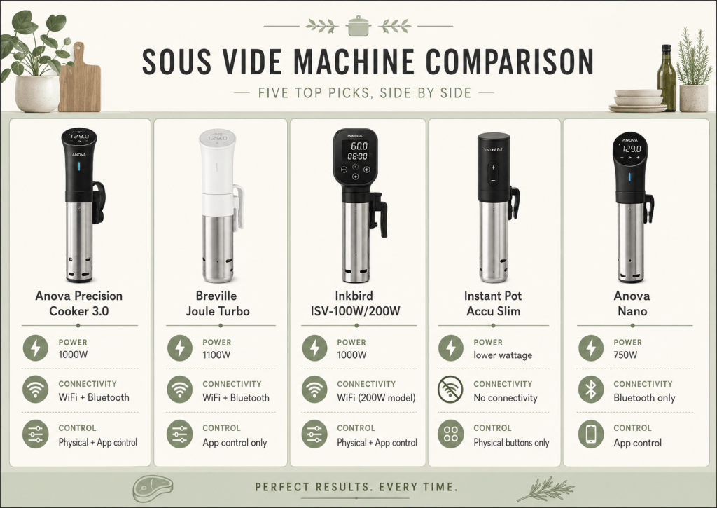 Comparison chart of 5 best sous vide machines 2026