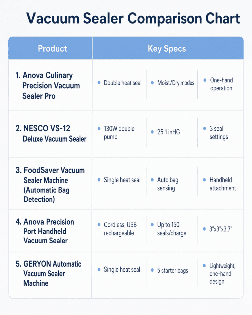 Comparison chart of the best vacuum sealers for sous vide, showing seal type and wet-food mode for 5 machines