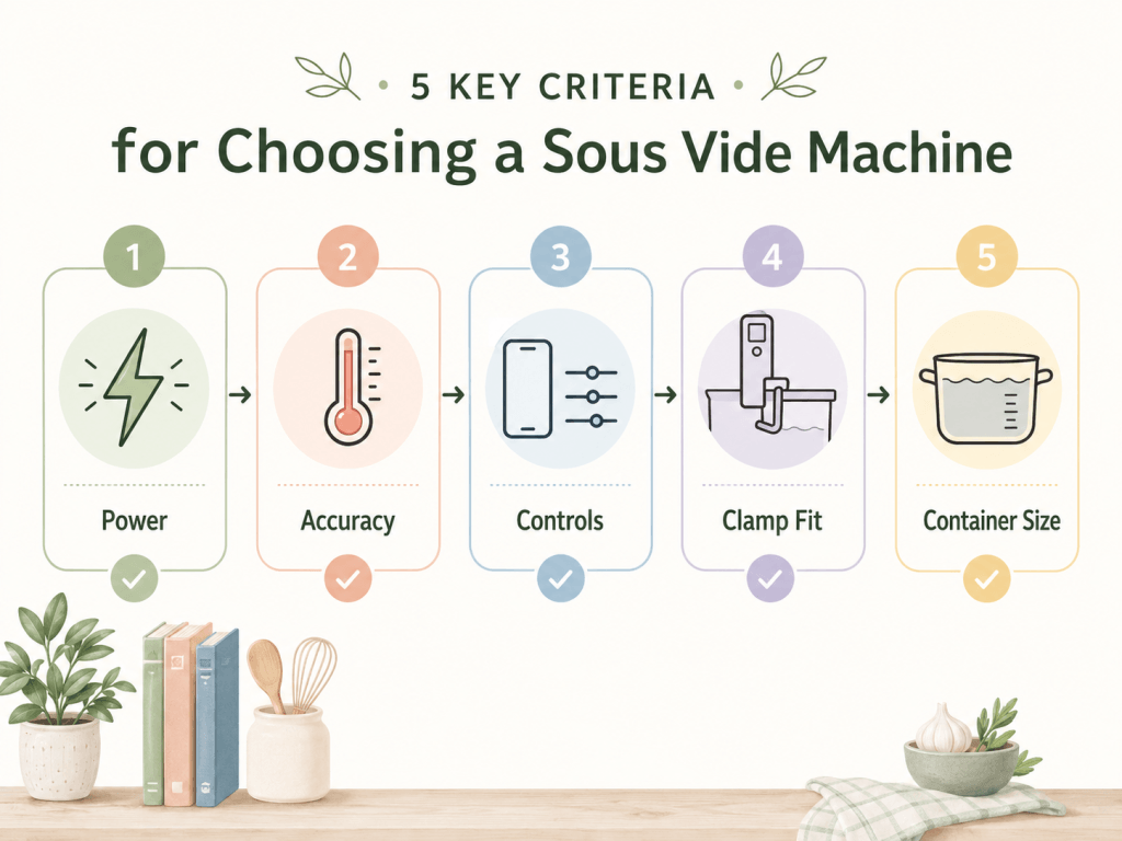 5 key criteria for choosing a sous vide machine: power, accuracy, controls, clamp fit, container size