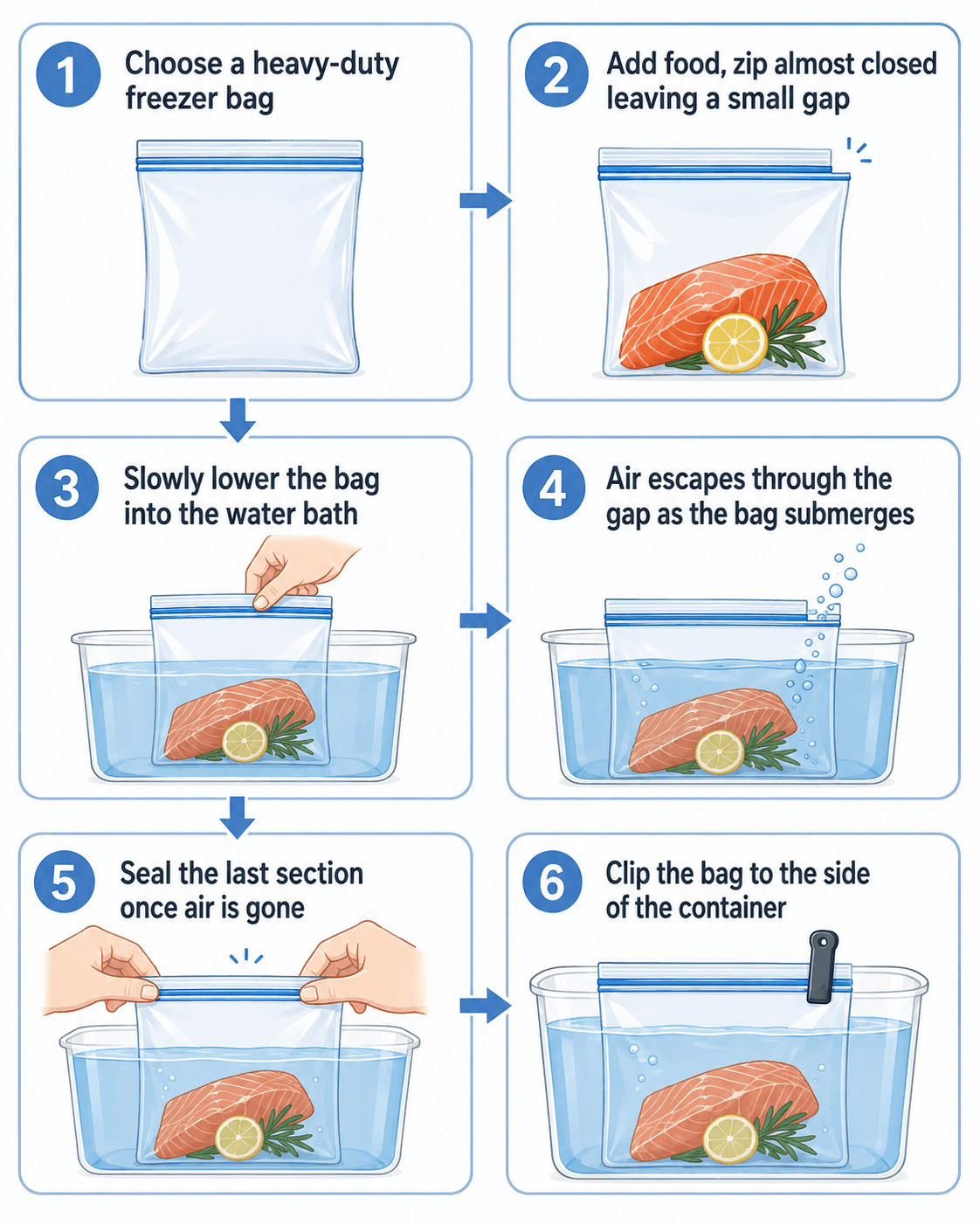 Step-by-step diagram showing how to sous vide without a vacuum sealer using the water displacement method