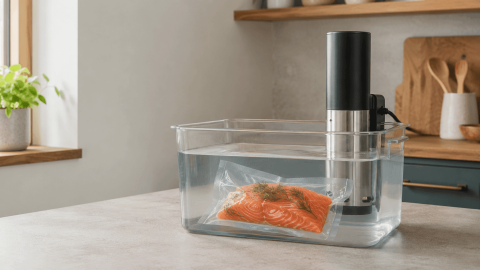 ood cooking in a purpose-made sous vide bag in a temperature-controlled water bath