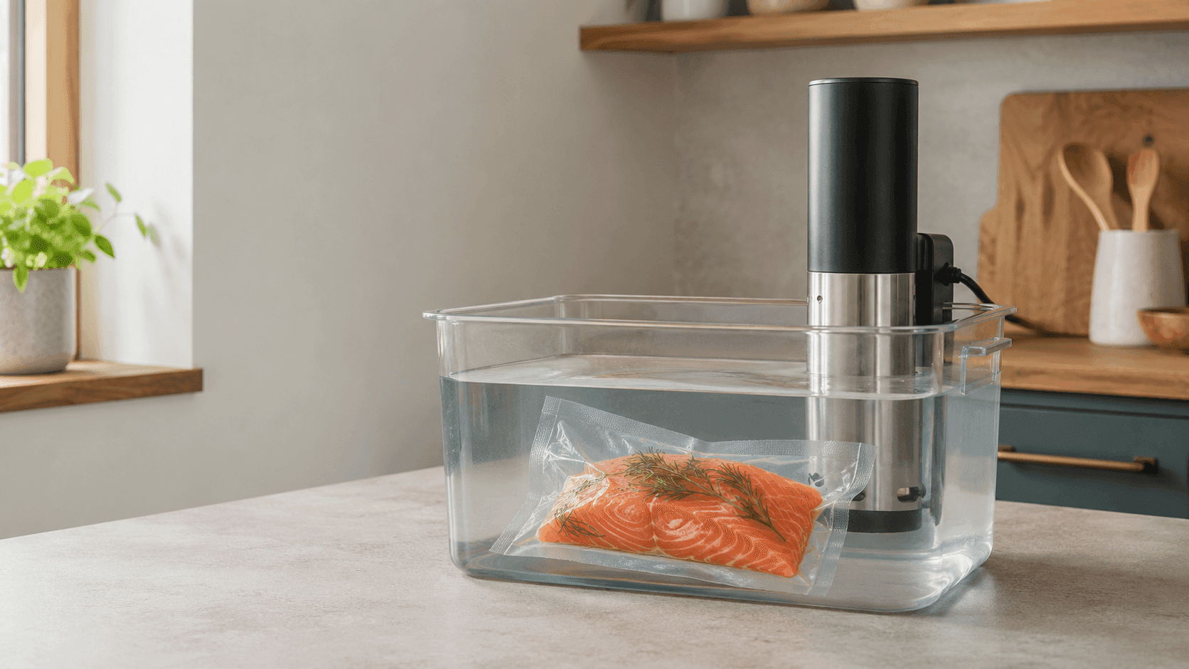 Food cooking in a purpose-made sous vide bag in a temperature-controlled water bath