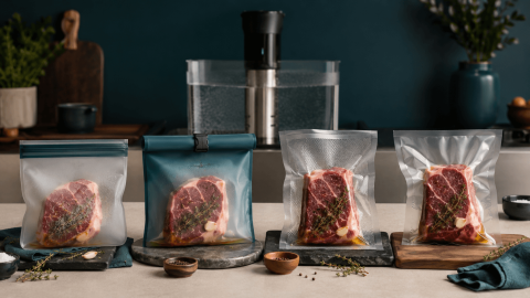 Reusable silicone, external vacuum, and chamber sous vide bag types compared by setup
