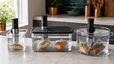Three sous vide water-bath setups with square, lidded, and round containers