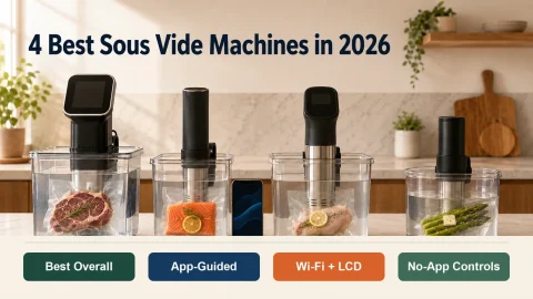 Four generic immersion circulators representing four sous vide machine control styles in a modern kitchen.
