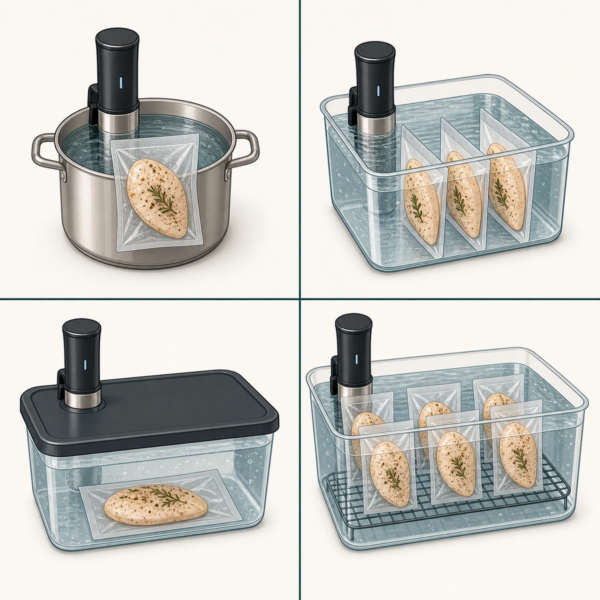 Best sous vide container guide showing pot, 12-quart tub, lidded bath, and batch rack setups