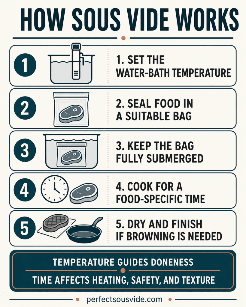 Five-step diagram showing how sous vide cooking works from setting the bath to finishing the food