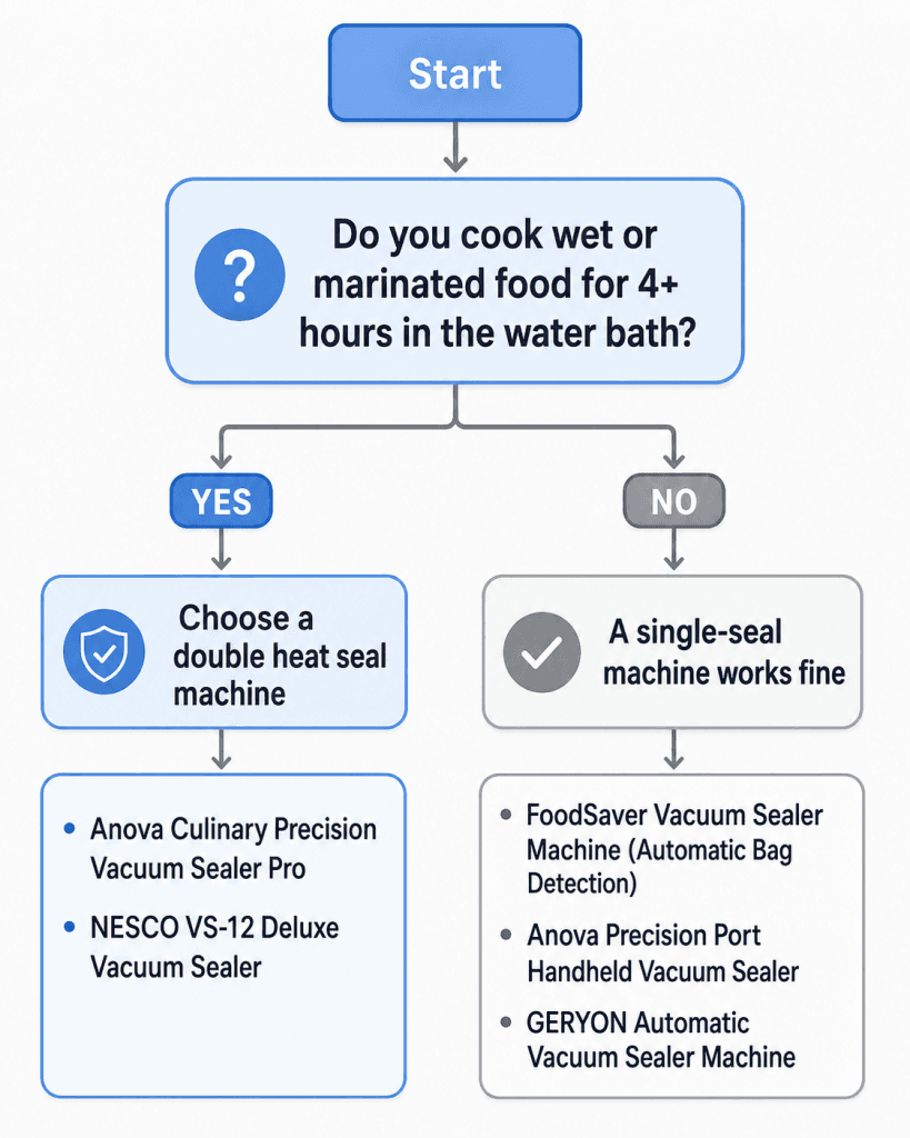 lowchart for choosing between double-seal and budget vacuum sealers for sous vide based on cook time and moisture