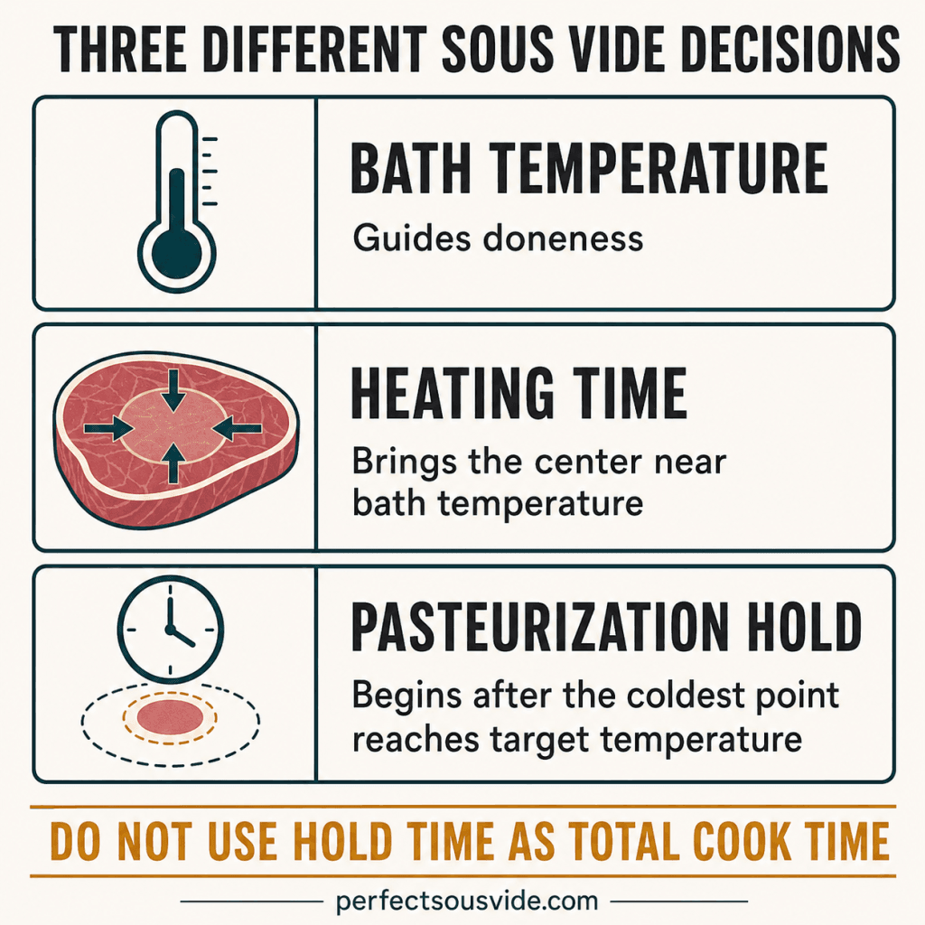 Diagram separating bath temperature, center heating time, and pasteurization hold time for sous vide steak