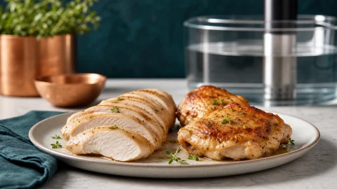 Sliced sous vide chicken breast and browned chicken thighs beside a controlled water bath
