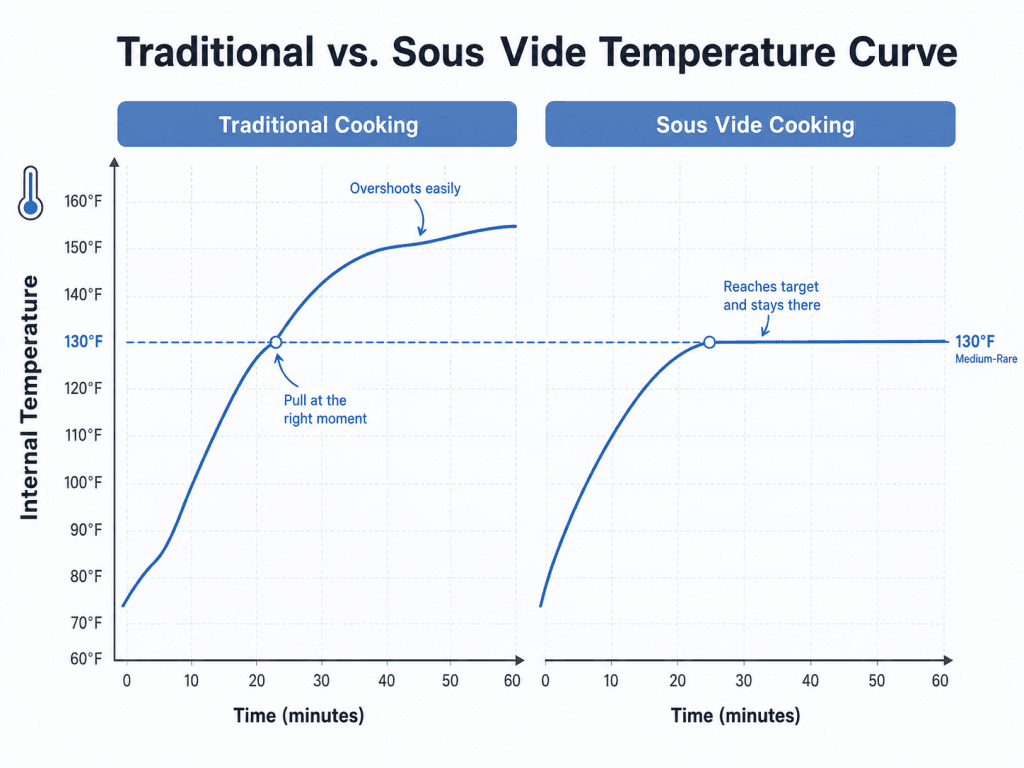 Chart showing what is sous vide vs traditional cooking temperature curves over time