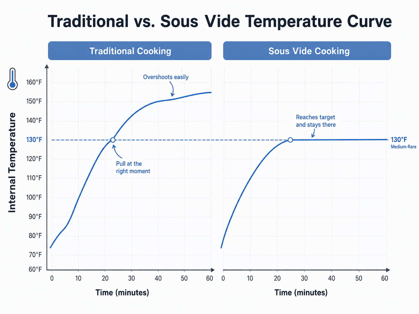 Chart showing what is sous vide vs traditional cooking temperature curves over time