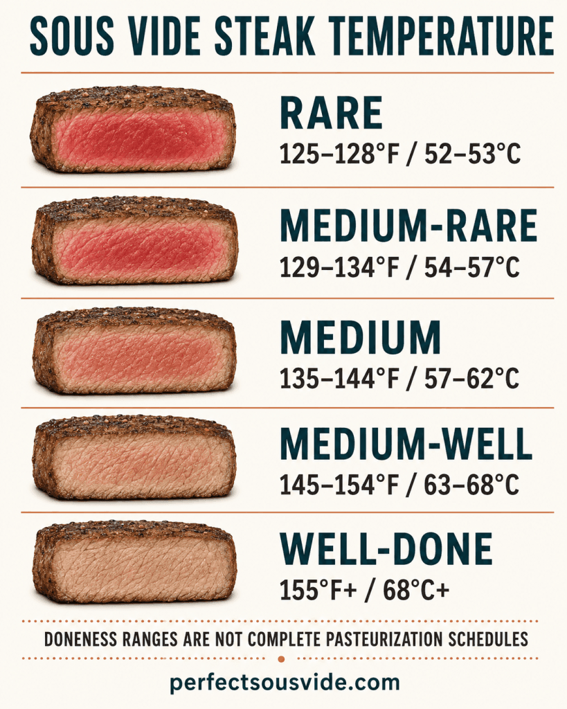 Sous vide steak temperature ranges from rare through well-done with a pasteurization caution