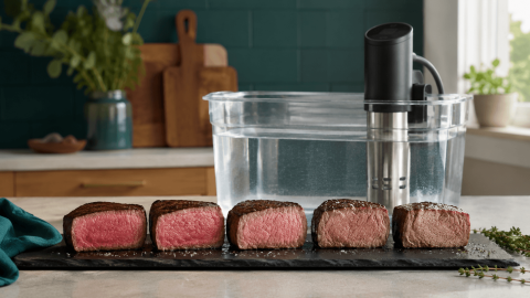 Sous vide steak slices showing a range of doneness beside a controlled water bath