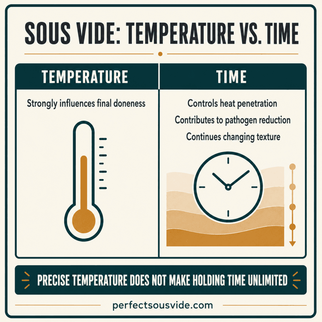 Diagram explaining that sous vide temperature influences doneness while time affects heating, safety, and texture