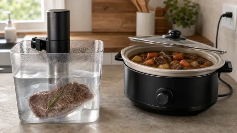 Sous vide water bath beside a slow cooker filled with beef stew