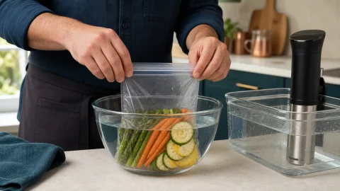 Hands using cool-water displacement to seal a sous vide pouch without a vacuum sealer
