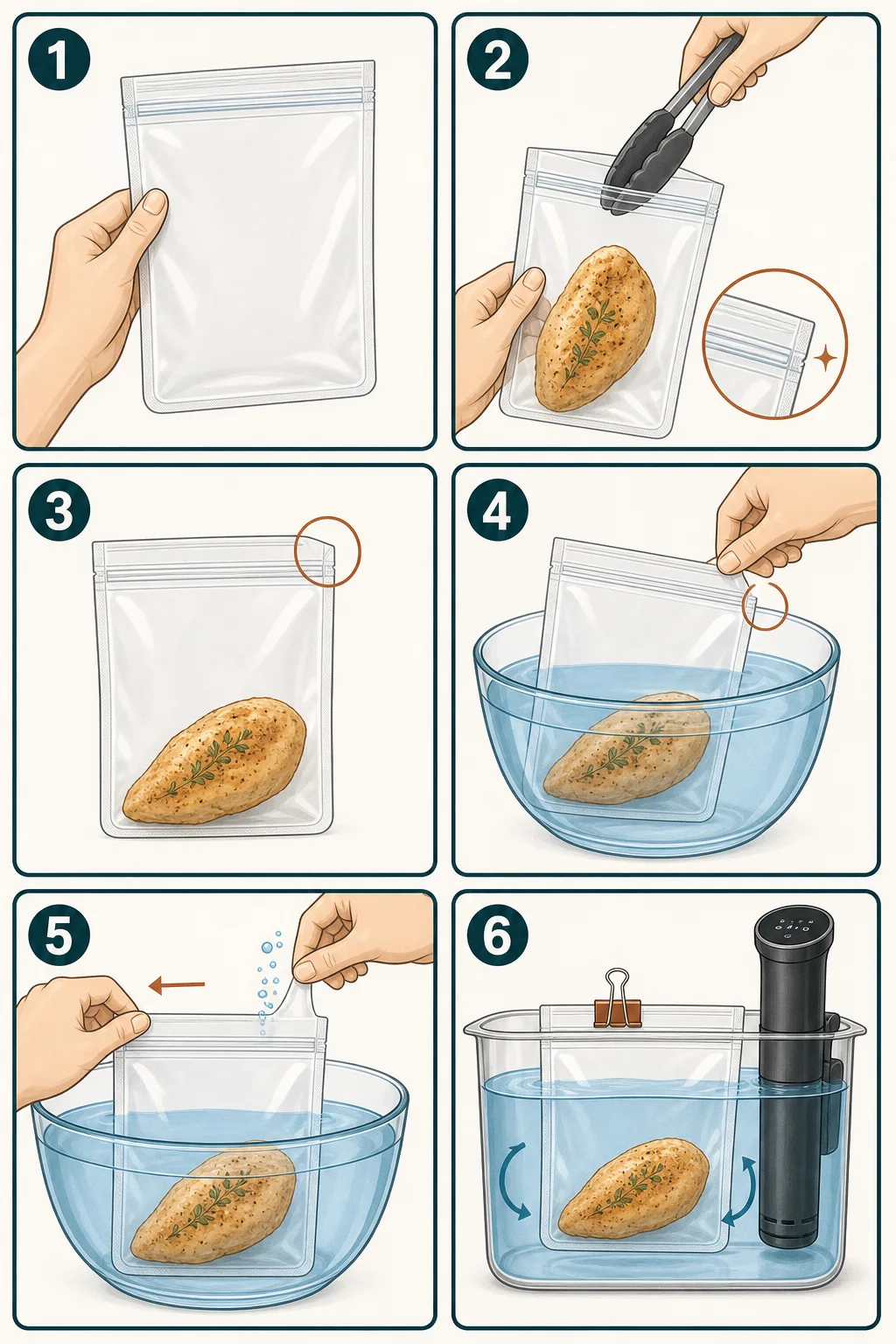 Six visual steps for sealing a sous vide-rated pouch with cool-water displacement