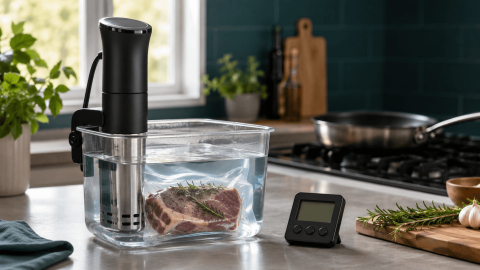 Immersion circulator cooking sealed food in a controlled sous vide water bath