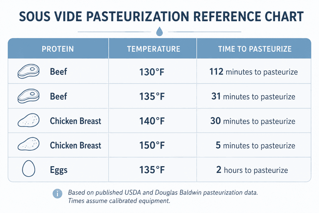 Sous vide pasteurization time and temperature chart for beef, chicken, and eggs