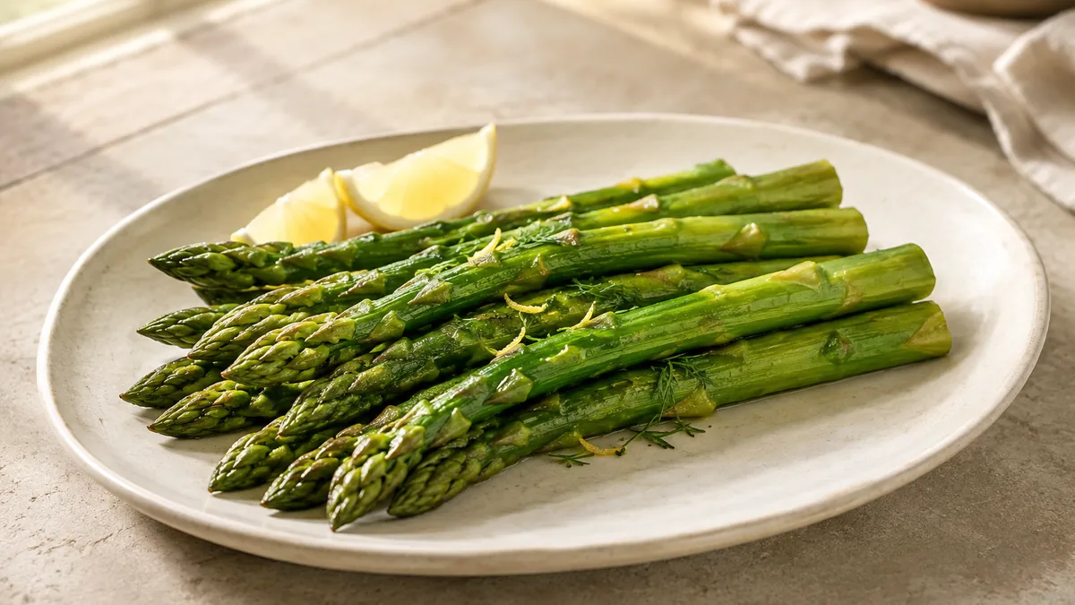 Illustrative food image of plated asparagus spears with lemon.