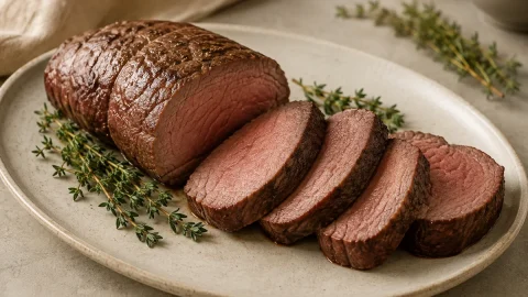 Illustrative food image of sliced beef tenderloin on a plate.