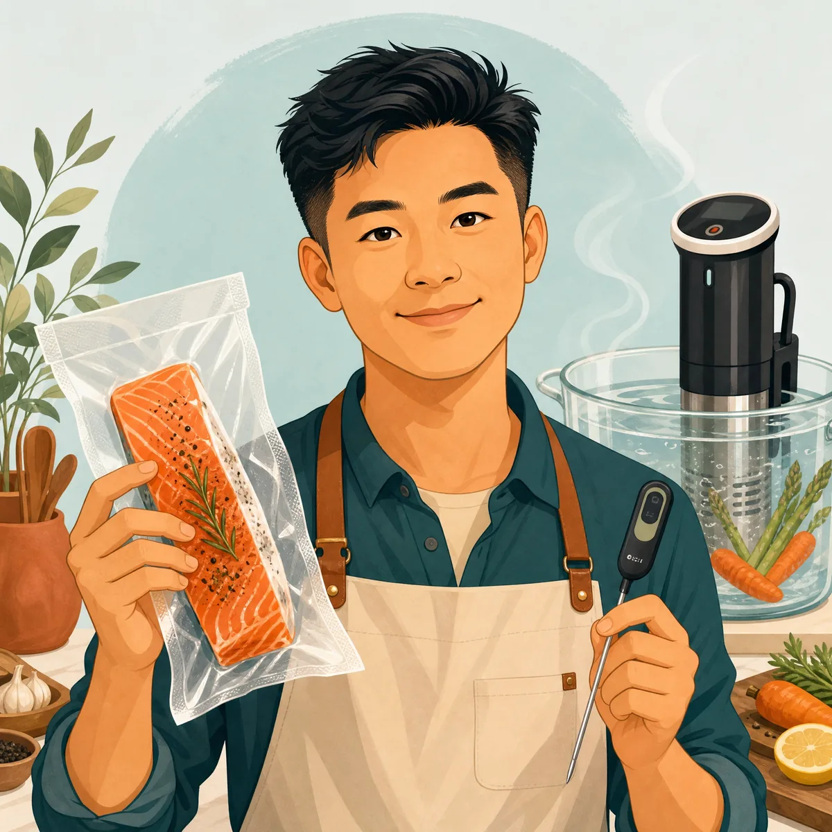 Illustrated portrait of Chien, editor of Perfect Sous Vide, holding a vacuum-sealed salmon fillet beside sous vide equipment