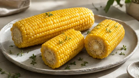 Illustrative food image of whole and halved corn on the cob on a plate.