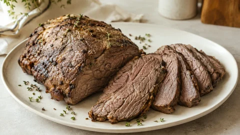 Sous vide chuck roast plated and sliced