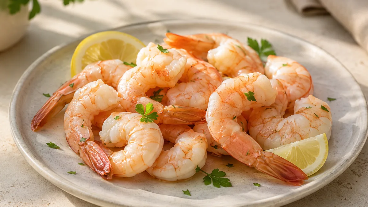 Sous vide shrimp plated with lemon and herbs