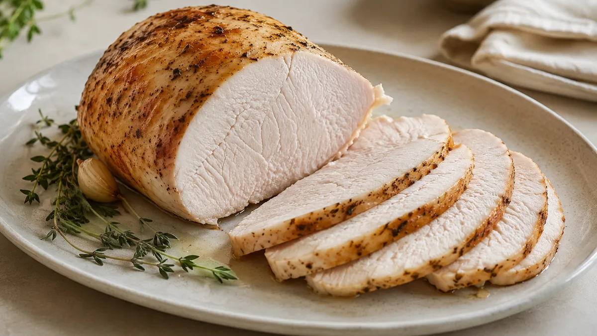 Sous vide turkey breast plated and sliced