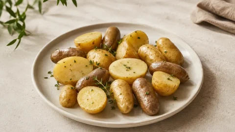 Illustrative food image of plated potatoes with halved and fingerling potatoes.