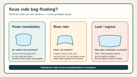 Diagram routes a floating sous vide bag by visible state: floats immediately, rises later, or shows leak or possible water ingress.
