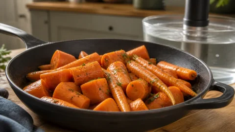 Glazed sous vide carrots in a skillet beside a water bath with an immersion circulator