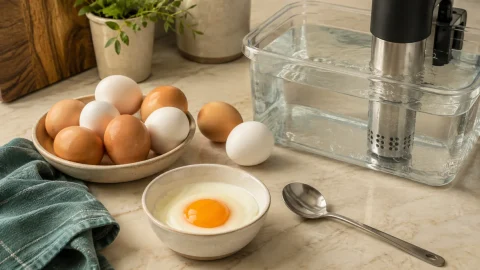 Shell eggs beside a sous vide water bath and a softly set egg in a bowl