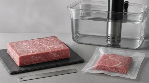 Illustrative frozen-solid intact beef or pork slab beside a thickness measurement setup for sous vide.