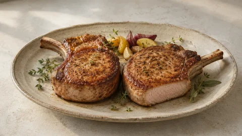 Sous vide pork chops on a serving plate