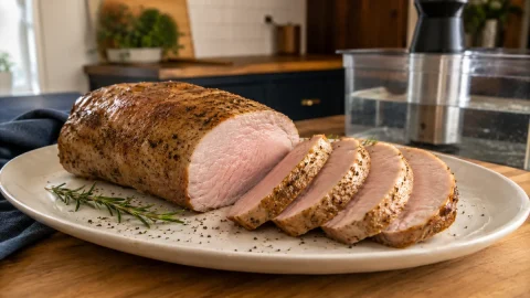 Sliced sous vide pork loin with a browned exterior beside an immersion circulator bath