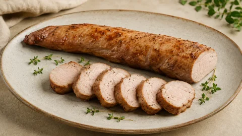 Sous vide pork tenderloin sliced on a serving plate