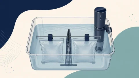 Illustrative sous vide bath showing separated bags and a restraint area kept clear of the circulator.