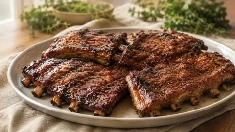 Sous vide pork spare ribs on a serving plate