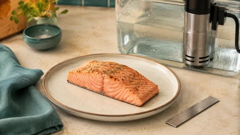 Sous vide salmon beside an immersion circulator and water bath