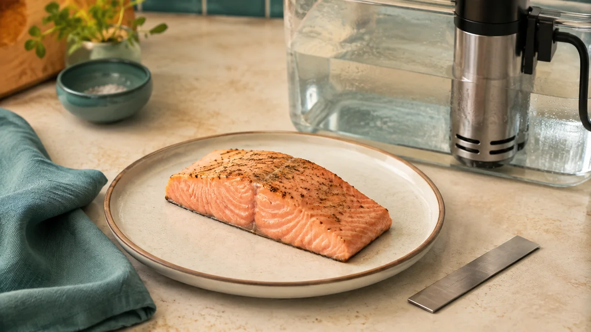 Sous vide salmon beside an immersion circulator and water bath