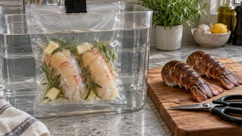 Shell-removed lobster tails sealed with butter and tarragon beside a sous vide water bath.
