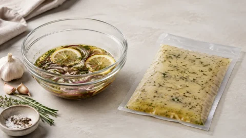 Bowl of raw marinade beside sealed plain protein pouch on clean prep surface.