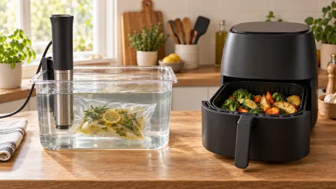 Generic immersion circulator in a water bath beside a basket-style air fryer with vegetables